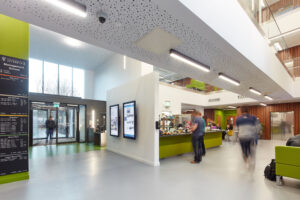 Image of the reception area and café, located on the ground floor of the Management School